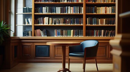 Cozy Library Scene with Wooden Shelves and Reading Table
