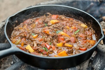 Beef stew in a cast iron skillet