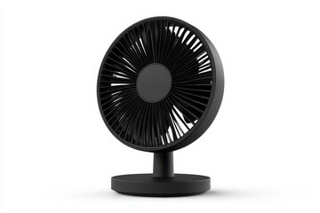 Black floor fan air cooling device with rotating blades isolated on white