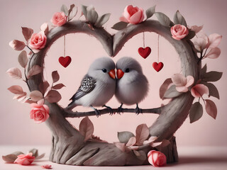Love Birds on a branch inside a wreath covered in flowers and hearts
