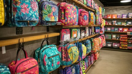 Fototapeta premium Colorful Floral Backpacks Displayed in Retail Store Interior
