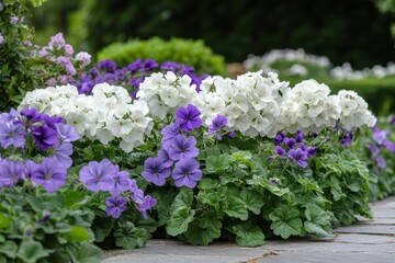 Blooming white and purple geraniums Grandiflorum variety