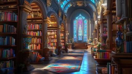Obraz premium Enchanting Library Interior with Colorful Books and Stained Glass