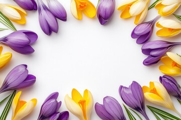 Border of purple and yellow crocuses on a white backdrop with room for text Overhead view