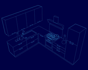 Kitchen with a stove and sink. The kitchen is blue and has a modern design. The stove is located in the middle of the kitchen and the sink is on the left side
