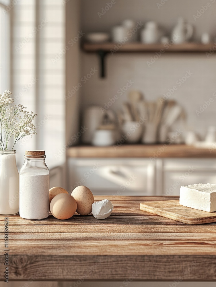 Poster ingredients ready for baking on a wooden kitchen counter with ample copy space for your text needs. 