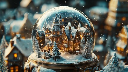 A close-up of a holiday snow globe with a winter village inside