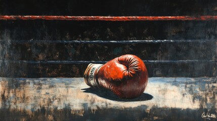 A boxing glove rests on the canvas in a ring.