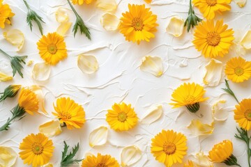 Obraz premium calendula blooms in yellow against a white backdrop