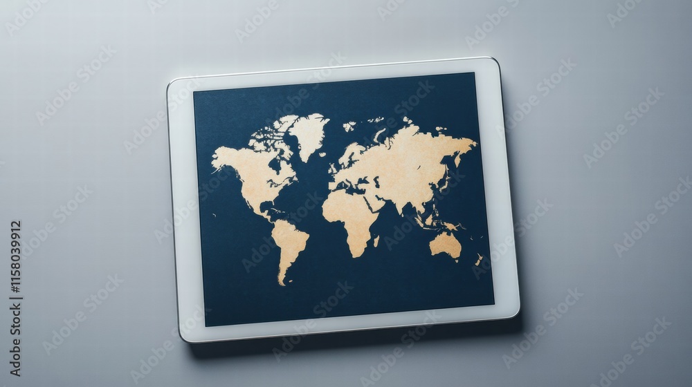 Aufkleber Modern flat lay featuring a tablet with a world map design and ample copy space for text or graphics. Generative AI