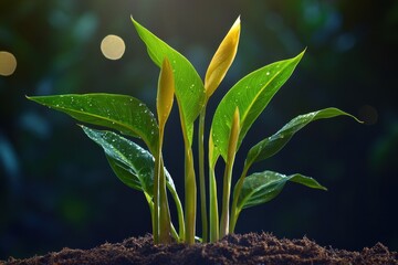 Canna lily seedling plants in pots abstract style