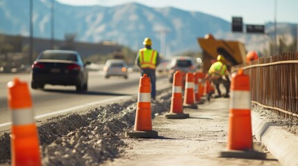 Obraz premium Road construction workers and safety cones on highway.