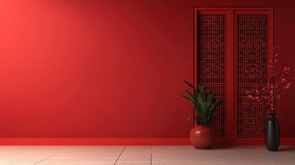 A red room with a black vase and a red vase