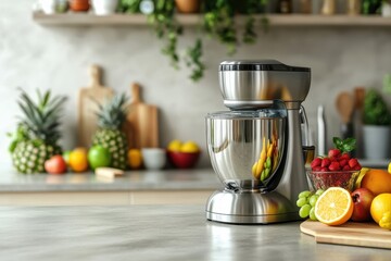 Chrome blender on kitchen counter with fruits in background and empty space
