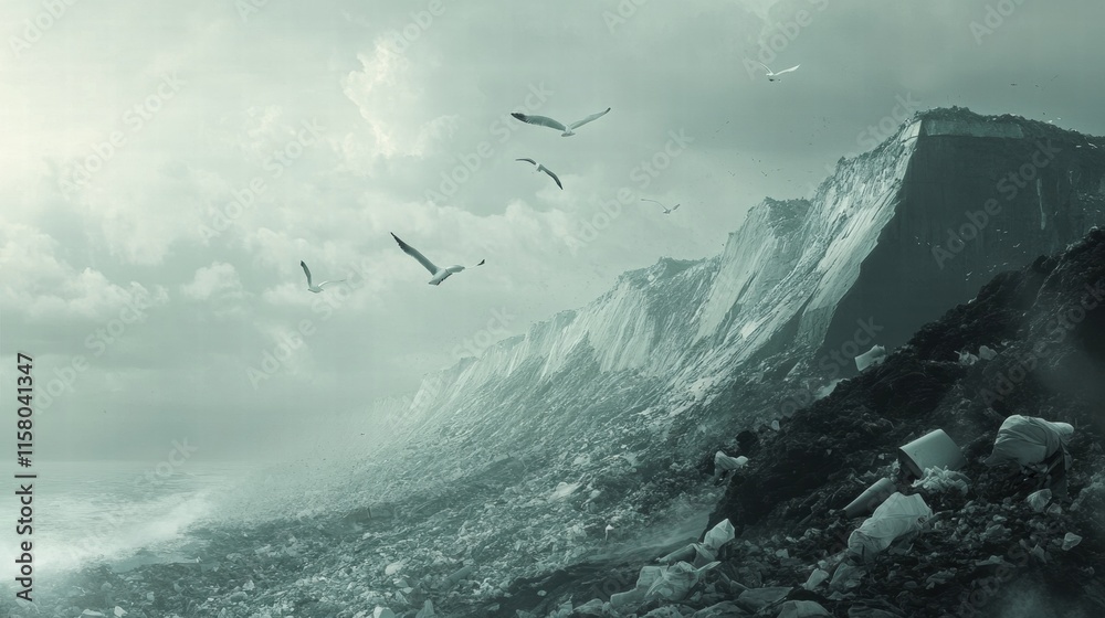 Poster seagulls soar over a massive landfill site with waste and debris along the coastal edge at dusk. gen