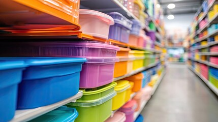Colorful Plastic Storage Containers on Retail Shelf in Store Aisle