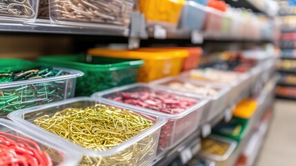 Colorful Office Supplies in Clear Storage Bins on Retail Shelves