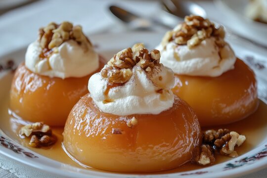 Classic Turkish quince dessert soft cooked quince topped with syrup cream and walnuts A favored treat Ayva Tatlisi