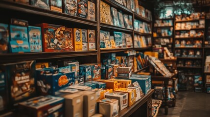 Naklejka premium Colorful Board Games Displayed on Shelves in a Cozy Bookstore