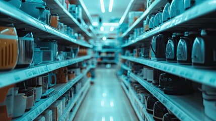 Obraz premium Aisle of Kitchen Appliances in a Supermarket Store Interior