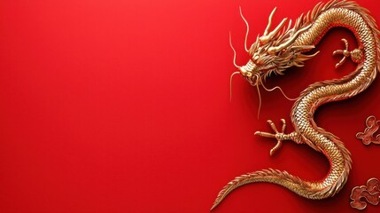 A gold dragon is on a red background
