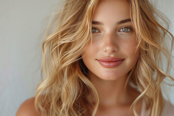 Naklejka premium young woman with delicate features. She has long blonde hair, slightly curly, and sea green eyes, full of warmth and light. 