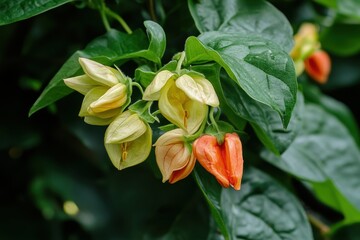 Close up of blooming bleeding heart vine flowers in a garden