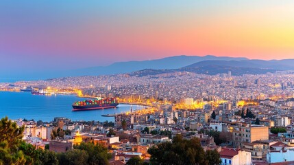 A stunning sunset view over a coastal city, featuring illuminated buildings and a large cargo ship in the harbor, highlighting urban life and maritime activity.