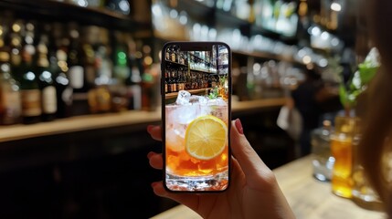 Woman's hand holding smartphone showing cocktail photo in bar.