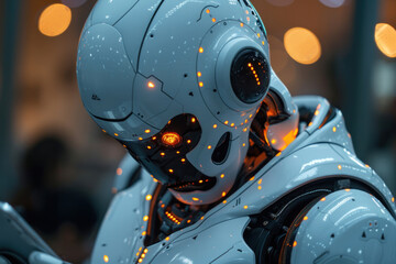 a robot of a futuristic design, demonstrating a mixture of high technology and humanoidity.  