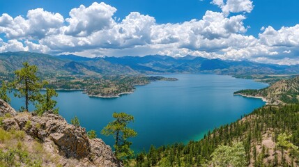 Naklejka premium Scenic lake view surrounded by mountains and clouds.