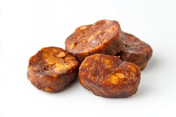 Close up of isolated slices of Spanish chorizo sausage on a white background