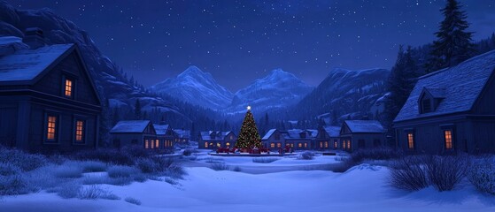 Fototapeta premium A serene winter scene depicting a snowy village at night, with a decorated Christmas tree at its center, surrounded by quaint houses and mountains under a starry sky.