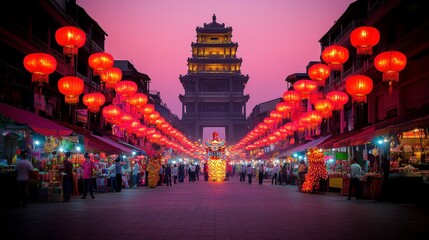 A vibrant street scene illuminated by red lanterns during twilight, showcasing a festive atmosphere...