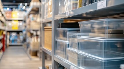 Fototapeta premium Clear Storage Bins Organized on Shelves in Modern Retail Environment