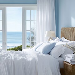 Serene coastal bedroom with white bedding, ocean view, and light blue walls.