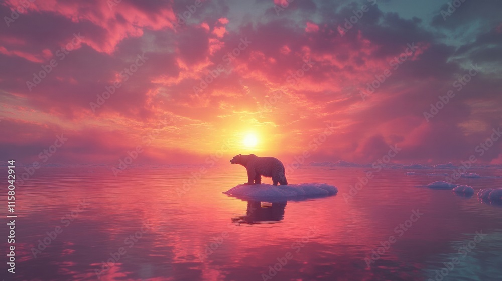 Poster lonely polar bear stands on melting ice floe during a vibrant sunset over the arctic ocean, creating