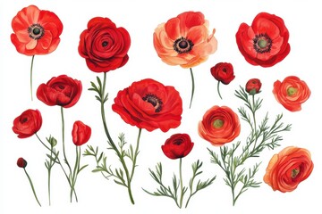 Fototapeta premium Collection of lovely ranunculus blossoms against a white backdrop