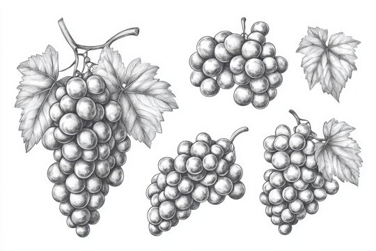 Collection of grape clusters Isolated grape components on white Botanical elements separated on white Vector illustration sketch