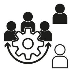 Teamwork icon concept. People around gear. Collaborative work symbol. Black vector illustration.