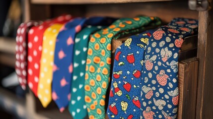 Colorful Variety of Patterned Ties Displayed on a Wooden Rack