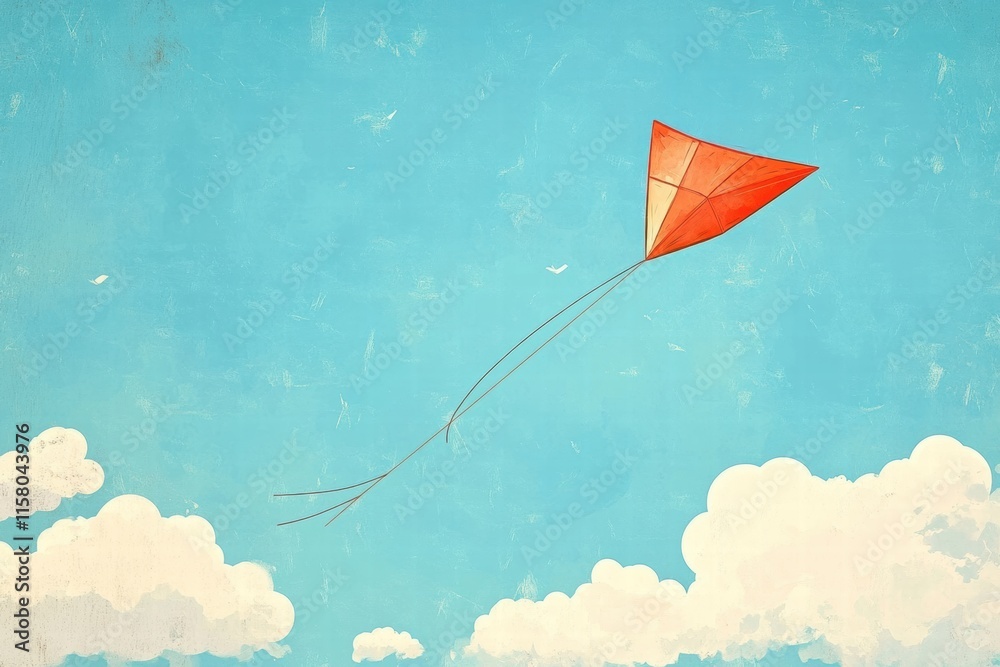 Poster Colorful kite soaring in a bright blue sky with fluffy clouds and ample space for text. Generative AI