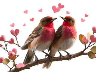 Two love birds on a branch surrounded by hearts