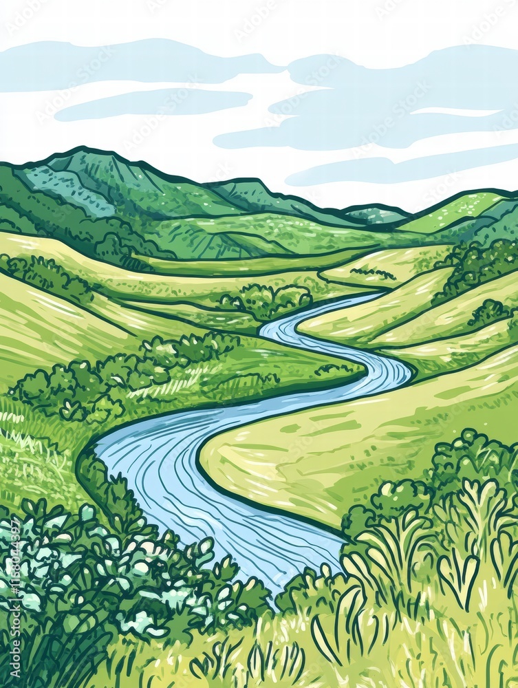 Fototapete beautiful naive art style landscape featuring rolling hills and a winding river with ample copy spac