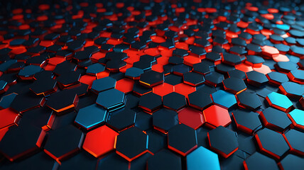 Obraz premium Dark red and blue hexagon abstract technology background with red and blue colored bright flashes under hexagon. Hexagonal gaming vector abstract tech background.