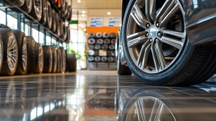 Obraz premium Close-Up of Car Tire and Wheel in Tire Retail Store Setting