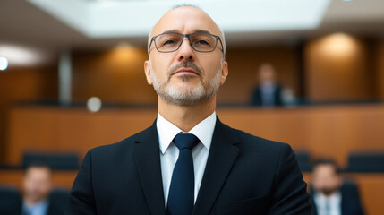 Fototapeta premium confident lawyer stands in courtroom, ready to present case. atmosphere is tense and professional, highlighting seriousness of legal proceedings