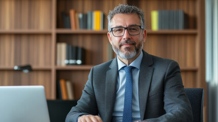confident lawyer in modern office, surrounded by legal books and documents, exudes professionalism and expertise