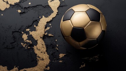 Golden soccer ball lying on black and gold textured background