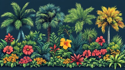 Lush Tropical Paradise Palm Trees And Flowers